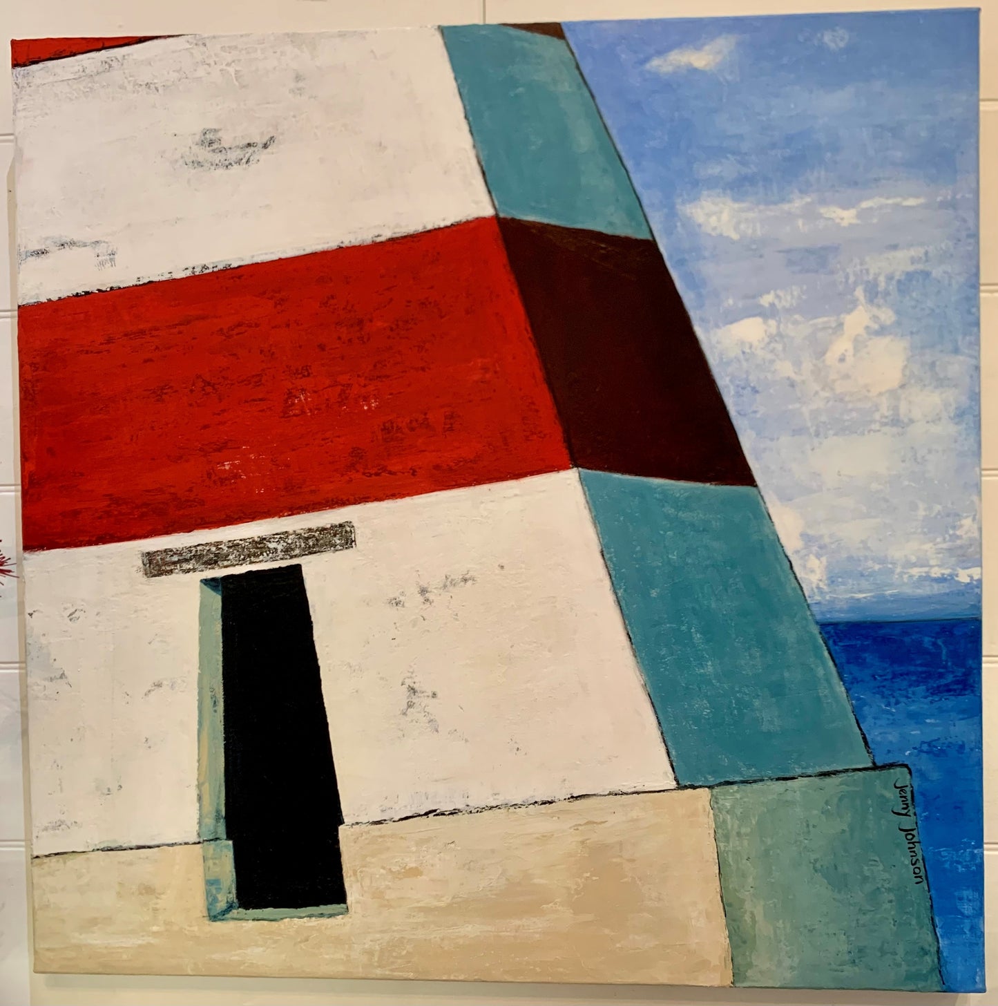 Abstract art piece with geometric shapes in red, blue sky, on a textured surface. 1800's sea trigonometry point. Robe South Australia, leaning, falling into ocean